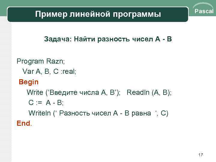 Пример линейной программы Pascal Задача: Найти разность чисел А - В Program Razn; Var