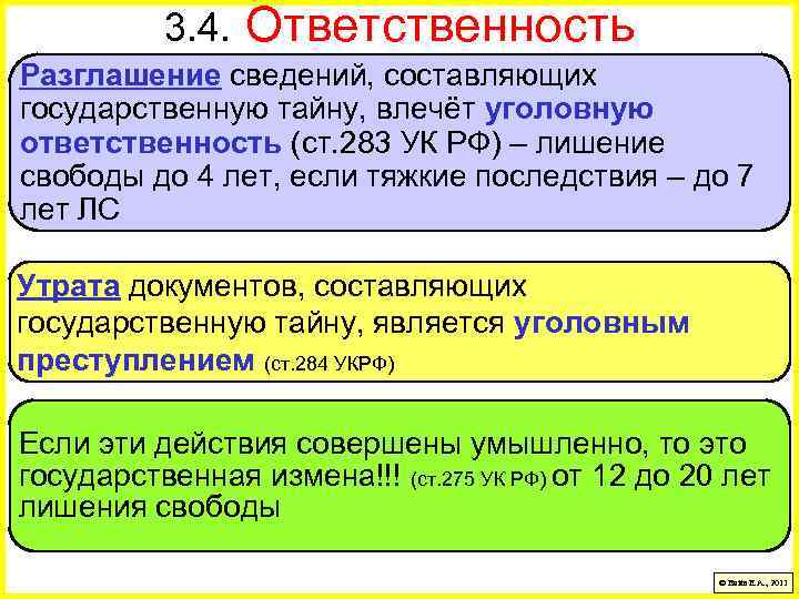 3. 4. Ответственность Разглашение сведений, составляющих государственную тайну, влечёт уголовную ответственность (ст. 283 УК
