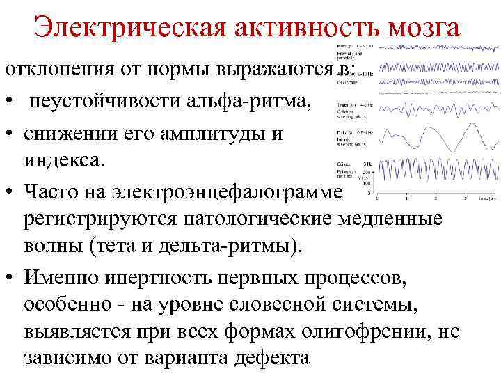 Электрическая активность мозга отклонения от нормы выражаются в: • неустойчивости альфа-ритма, • снижении его