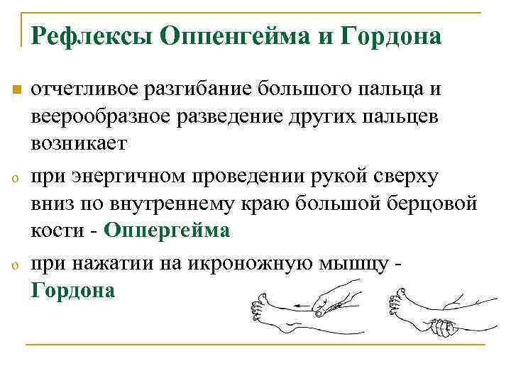  Рефлексы Оппенгейма и Гордона n отчетливое разгибание большого пальца и веерообразное разведение других