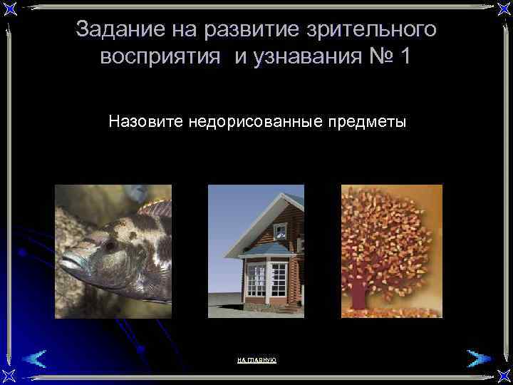 Задание на развитие зрительного восприятия и узнавания № 1 Назовите недорисованные предметы НА ГЛАВНУЮ