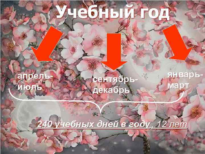  Учебный год апрель- январь- сентябрь- июль март декабрь 240 учебных дней в году