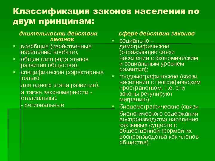 Классификация законов населения по двум принципам: длительности действия законов § всеобщие (свойственные населению вообще),