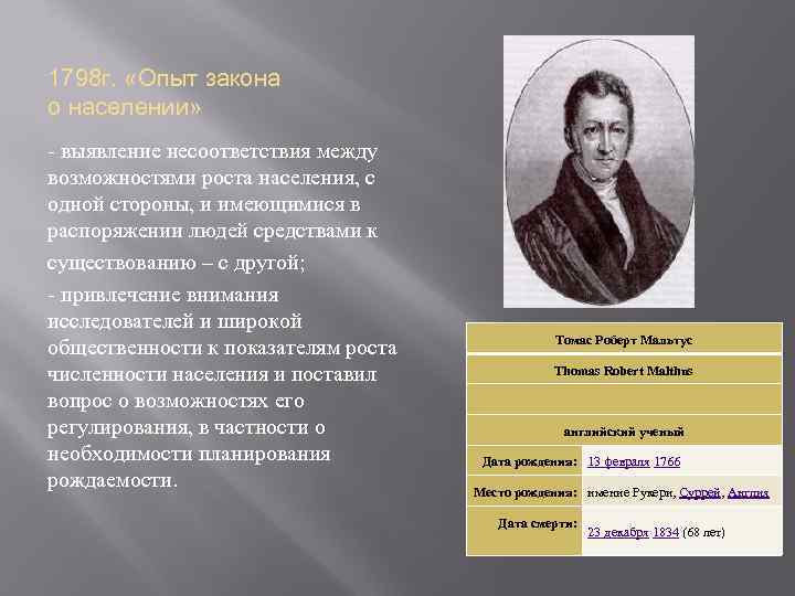 1798 г. «Опыт закона о населении» - выявление несоответствия между возможностями роста населения, с