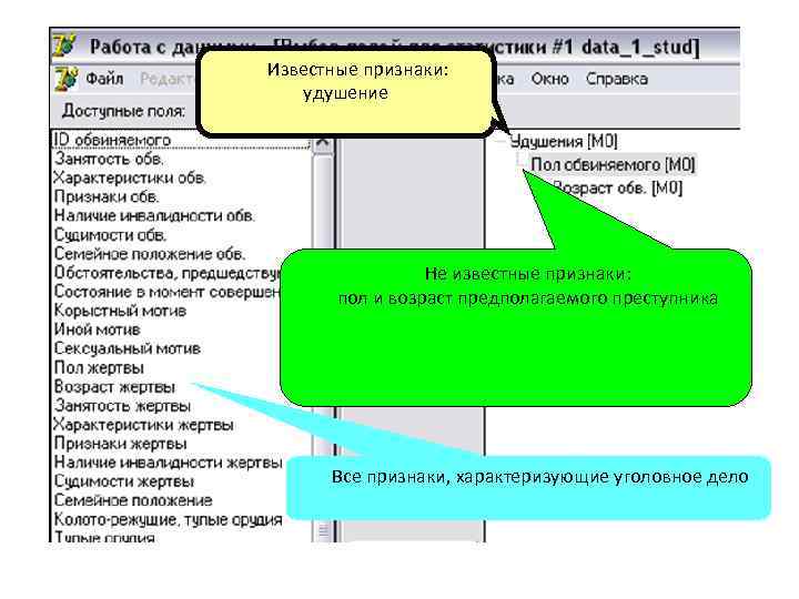 Известные признаки: удушение Не известные признаки: пол и возраст предполагаемого преступника Все признаки, характеризующие