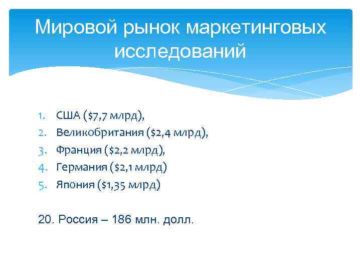 Мировой рынок маркетинговых исследований 1. США ($7, 7 млрд), 2. Великобритания ($2, 4 млрд),