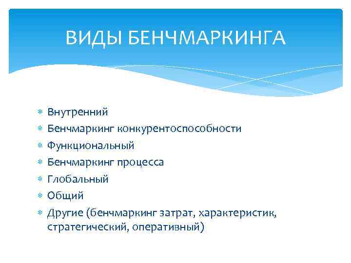 ВИДЫ БЕНЧМАРКИНГА Внутренний Бенчмаркинг конкурентоспособности Функциональный Бенчмаркинг процесса Глобальный Общий Другие (бенчмаркинг затрат, характеристик,