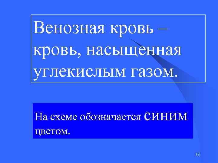 Венозная кровь – кровь, насыщенная углекислым газом. На схеме обозначается синим цветом. 12 