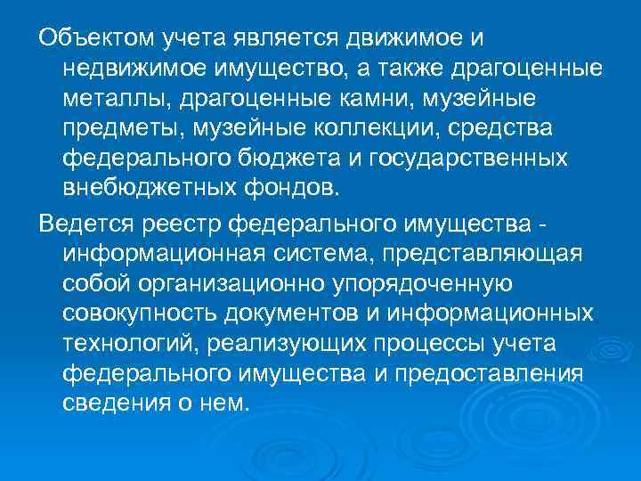 Объектом учета является движимое и недвижимое имущество, а также драгоценные металлы, драгоценные камни, музейные