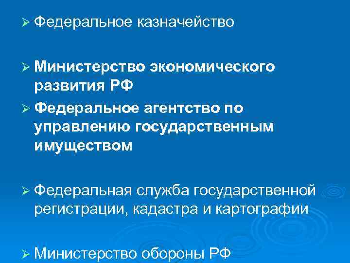 Ø Федеральное казначейство Ø Министерство экономического развития РФ Ø Федеральное агентство по управлению государственным