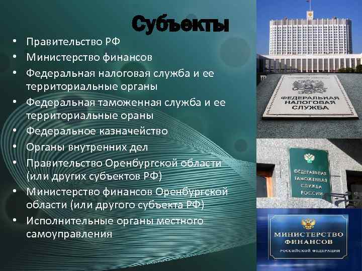 Субъекты • Правительство РФ • Министерство финансов • Федеральная налоговая служба и ее территориальные