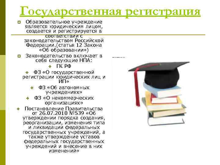 Государственная регистрация Образовательное учреждение является юридическим лицом, создается и регистрируется в соответствии с законодательством