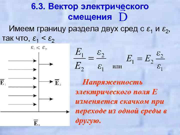 6. 3. Вектор электрического смещения Имеем границу раздела двух сред с ε 1 и