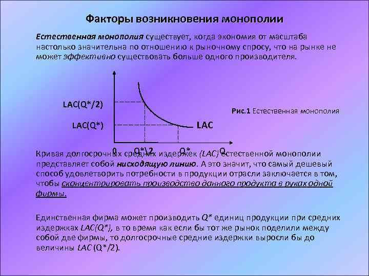 Факторы возникновения монополии Естественная монополия существует, когда экономия от масштаба настолько значительна по отношению