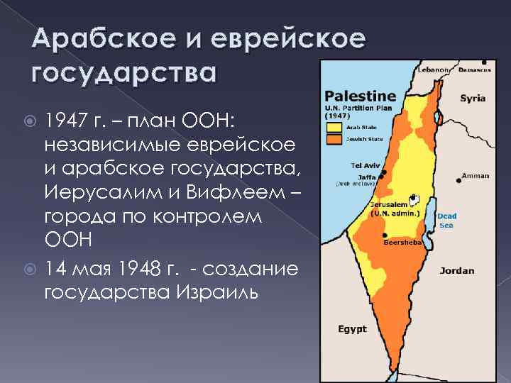 Арабское и еврейское государства 1947 г. – план ООН: независимые еврейское и арабское государства,