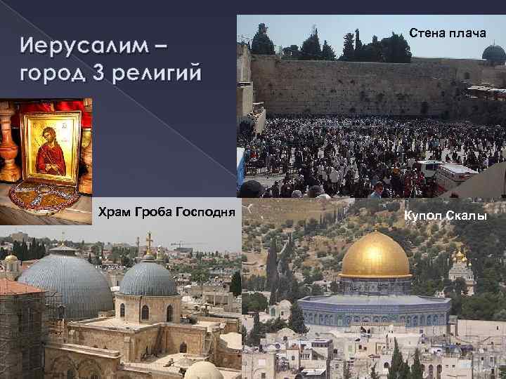 Иерусалим – город 3 религий Храм Гроба Господня Стена плача Купол Скалы 