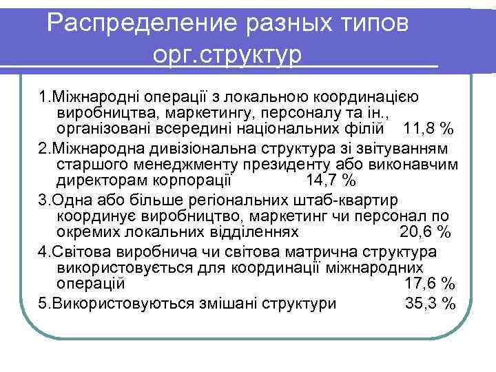  Распределение разных типов   орг. структур 1. Міжнародні операції з локальною координацією