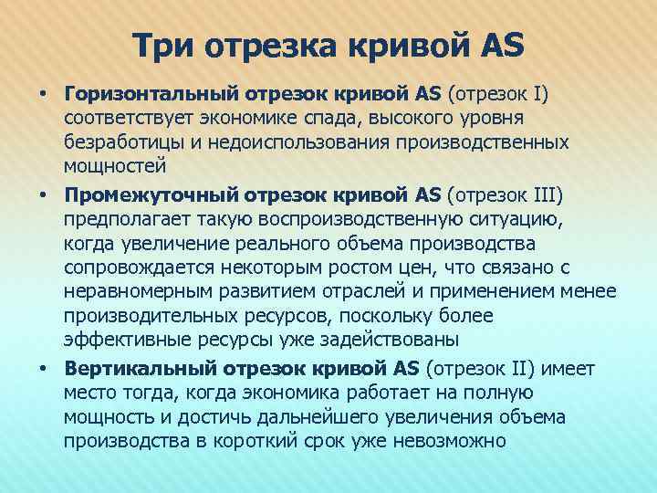 Три отрезка кривой AS • Горизонтальный отрезок кривой AS (отрезок I) соответствует экономике спада,