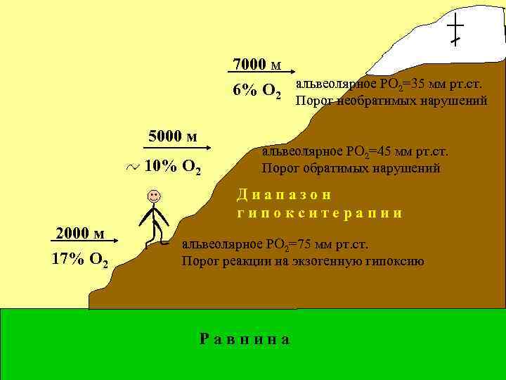 7000 м 6% О 2 альвеолярное РО 2=35 мм рт. ст. Порог необратимых нарушений