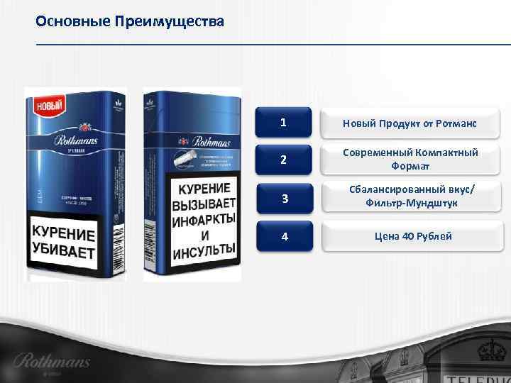 Основные Преимущества 1 Новый Продукт от Ротманс 2 Современный Компактный Формат 3 Сбалансированный вкус/