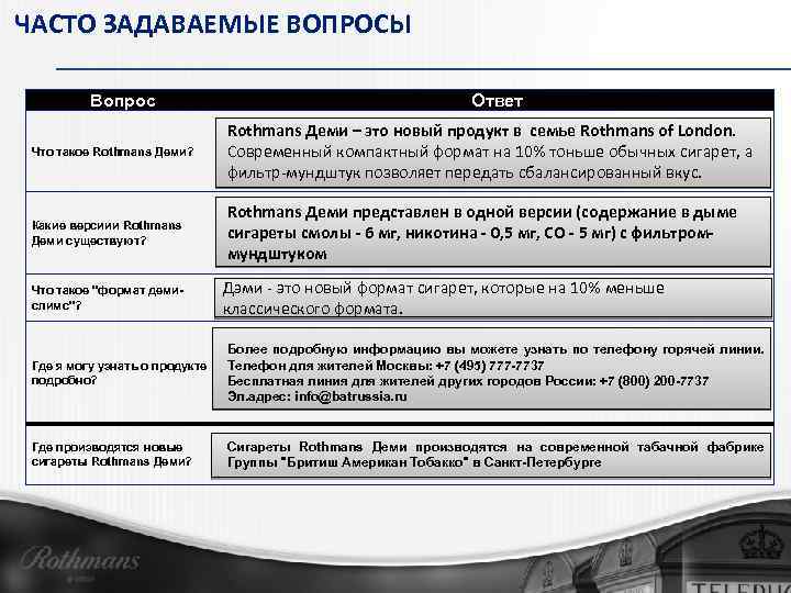 ЧАСТО ЗАДАВАЕМЫЕ ВОПРОСЫ Вопрос Ответ Что такое Rothmans Деми? Rothmans Деми – это новый