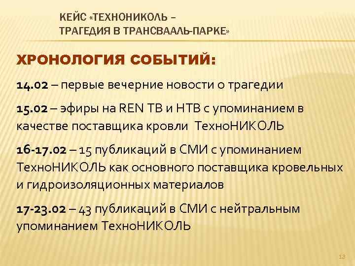 КЕЙС «ТЕХНОНИКОЛЬ – ТРАГЕДИЯ В ТРАНСВААЛЬ-ПАРКЕ» ХРОНОЛОГИЯ СОБЫТИЙ: 14. 02 – первые вечерние новости