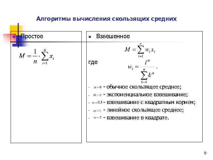 Алгоритмы вычисления скользящих средних n Простое n Взвешенное где - - обычное скользящее среднее;
