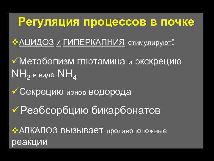 Регуляция процессов в почке v. АЦИДОЗ и ГИПЕРКАПНИЯ стимулируют: üМетаболизм глютамина и экскрецию NH