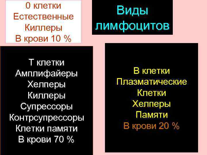 0 клетки Естественные Киллеры В крови 10 % Т клетки Амплифайеры Хелперы Киллеры Супрессоры