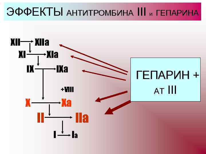 ЭФФЕКТЫ АНТИТРОМБИНА III и ГЕПАРИНА III XIIa XI XIa IX ГЕПАРИН + AT III