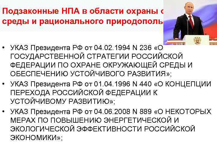 Подзаконные НПА в области охраны окружающей среды и рационального природопользования • УКАЗ Президента РФ
