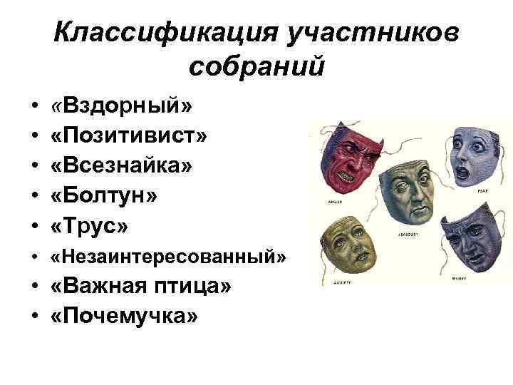 Классификация участников собраний • • • «Вздорный» «Позитивист» «Всезнайка» «Болтун» «Трус» • «Незаинтересованный» •