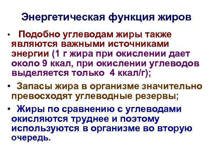 Энергетическая функция жиров • Подобно углеводам жиры также являются важными источниками энергии (1 г