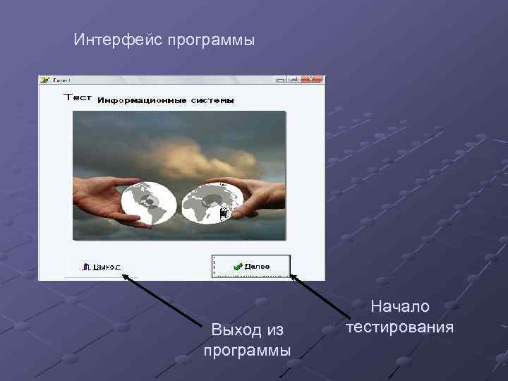 Интерфейс программы Выход из программы Начало тестирования 
