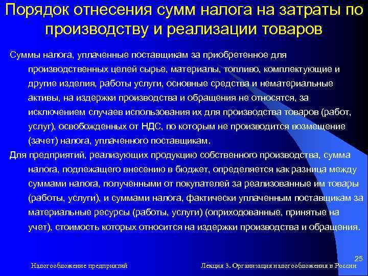 Порядок отнесения сумм налога на затраты по производству и реализации товаров Суммы налога, уплаченные