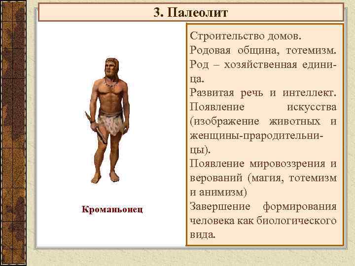  3. Палеолит Строительство домов. Родовая община, тотемизм. Род – хозяйственная едини- ца. Развитая