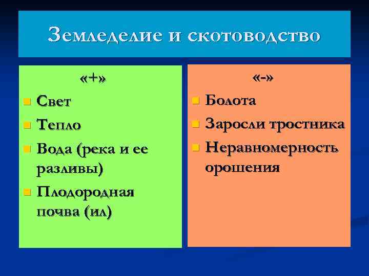 Земледелие и скотоводство «+» Свет n Тепло n Вода (река и ее разливы) n