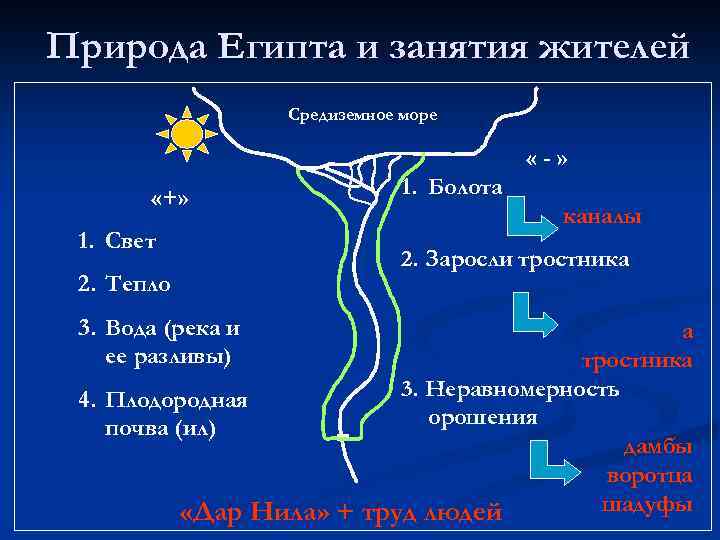 Природа Египта и занятия жителей Средиземное море «-» «+» 1. Свет 2. Тепло 3.