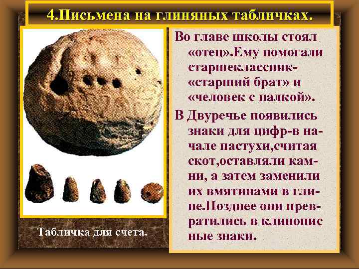 4. Письмена на глиняных табличках. Табличка для счета. Во главе школы стоял «отец» .