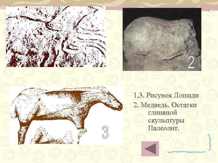 1, 3. Рисунок Лошади 2. Медведь. Остатки глиняной скульптуры Палеолит. 