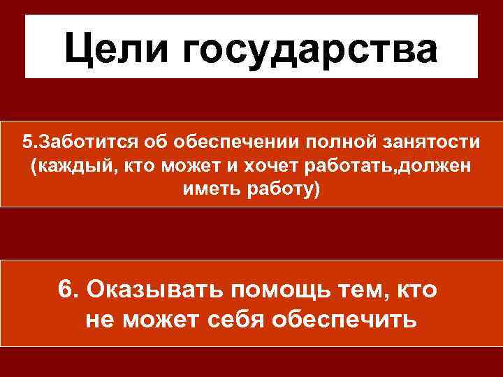 Цели государства 5. Заботится об обеспечении полной занятости (каждый, кто может и хочет работать,