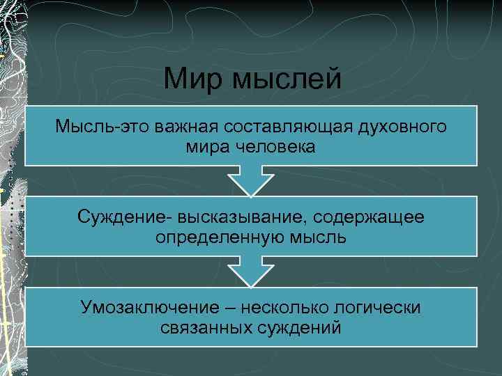 Мир мыслей Мысль-это важная составляющая духовного мира человека Суждение- высказывание, содержащее определенную мысль Умозаключение