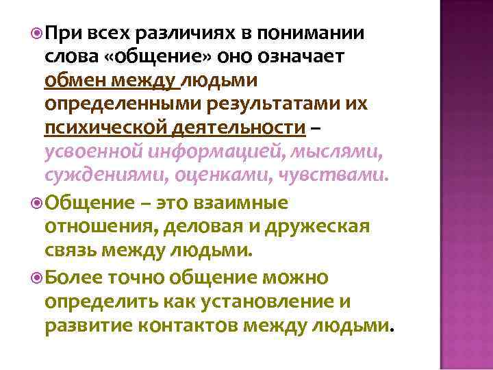  При всех различиях в понимании слова «общение» оно означает обмен между людьми определенными