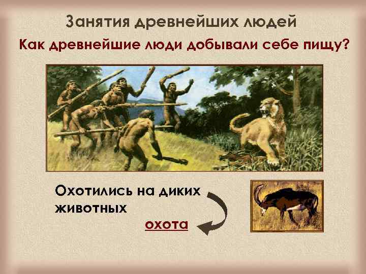 Занятия древнейших людей Как древнейшие люди добывали себе пищу? Охотились на диких животных охота