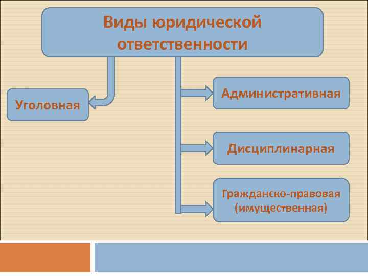 Виды юридической ответственности Уголовная Административная Дисциплинарная Гражданско-правовая (имущественная) 