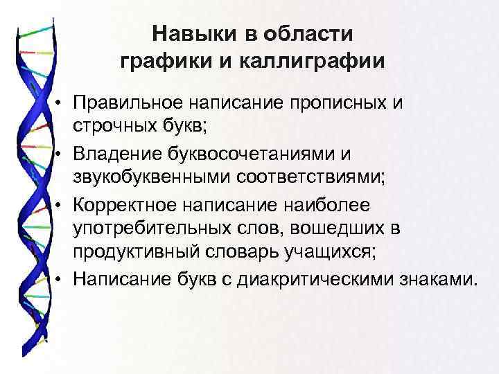 Навыки в области графики и каллиграфии • Правильное написание прописных и строчных букв; •
