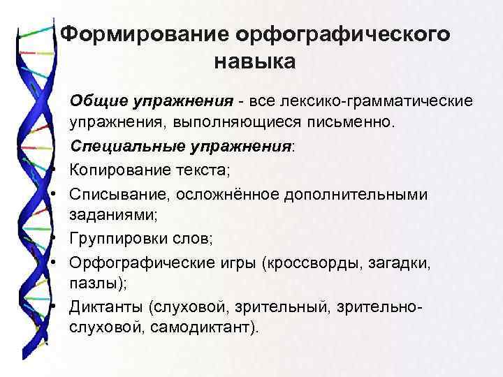 Формирование орфографического навыка • • • Общие упражнения - все лексико-грамматические упражнения, выполняющиеся письменно.