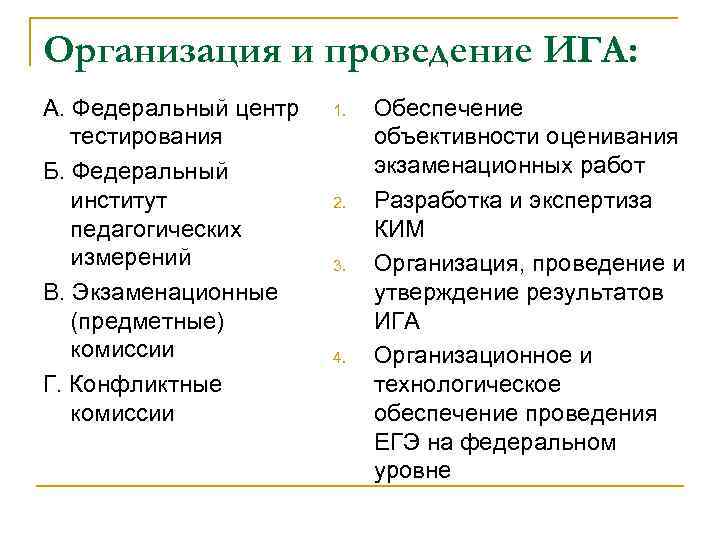 Организация и проведение ИГА: А. Федеральный центр тестирования Б. Федеральный институт педагогических измерений В.