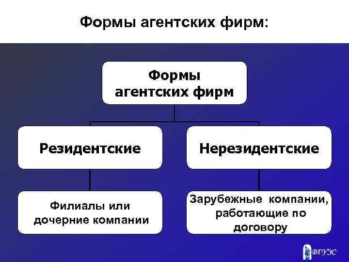 Формы агентских фирм: Формы агентских фирм Резидентские Нерезидентские Филиалы или дочерние компании Зарубежные компании,
