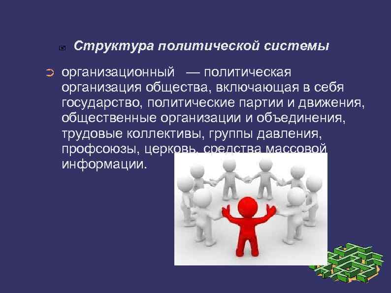  Структура политической системы ➲ организационный — политическая организация общества, включающая в себя государство,